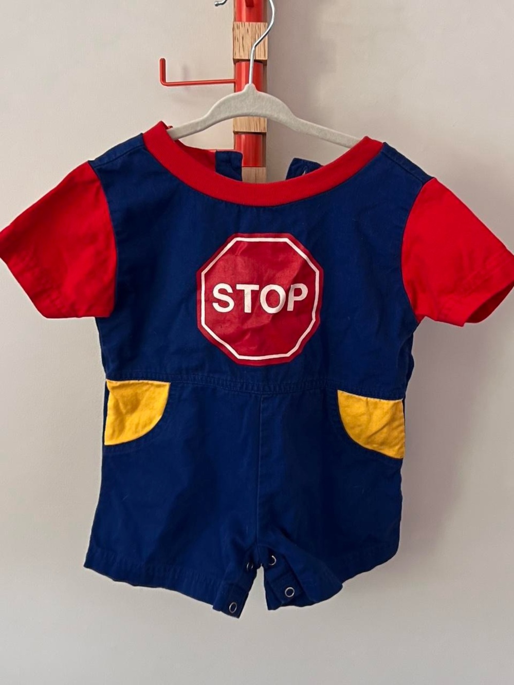 Kids Navy Romper with Red Sleeves & Yellow Pockets